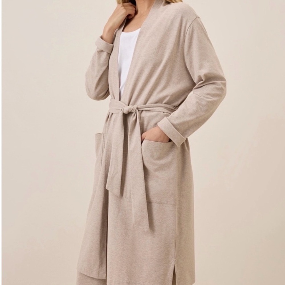 Pact Cool Stretch Jersey Lounge Duster Organic Cotton Robe Beige Cozycore Medium